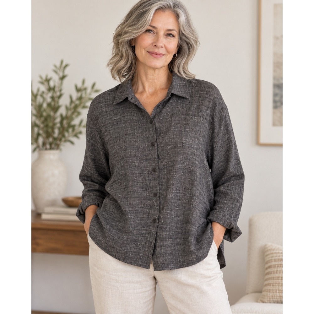 Eileen Fisher Linen Viscose Button Down Shirt Grey Italian Fabric Womens Medium